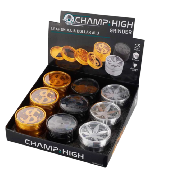 Champ High - Grinder Dollar / Skull / Hemp Leaf - 63mm - 4 Layers - Display